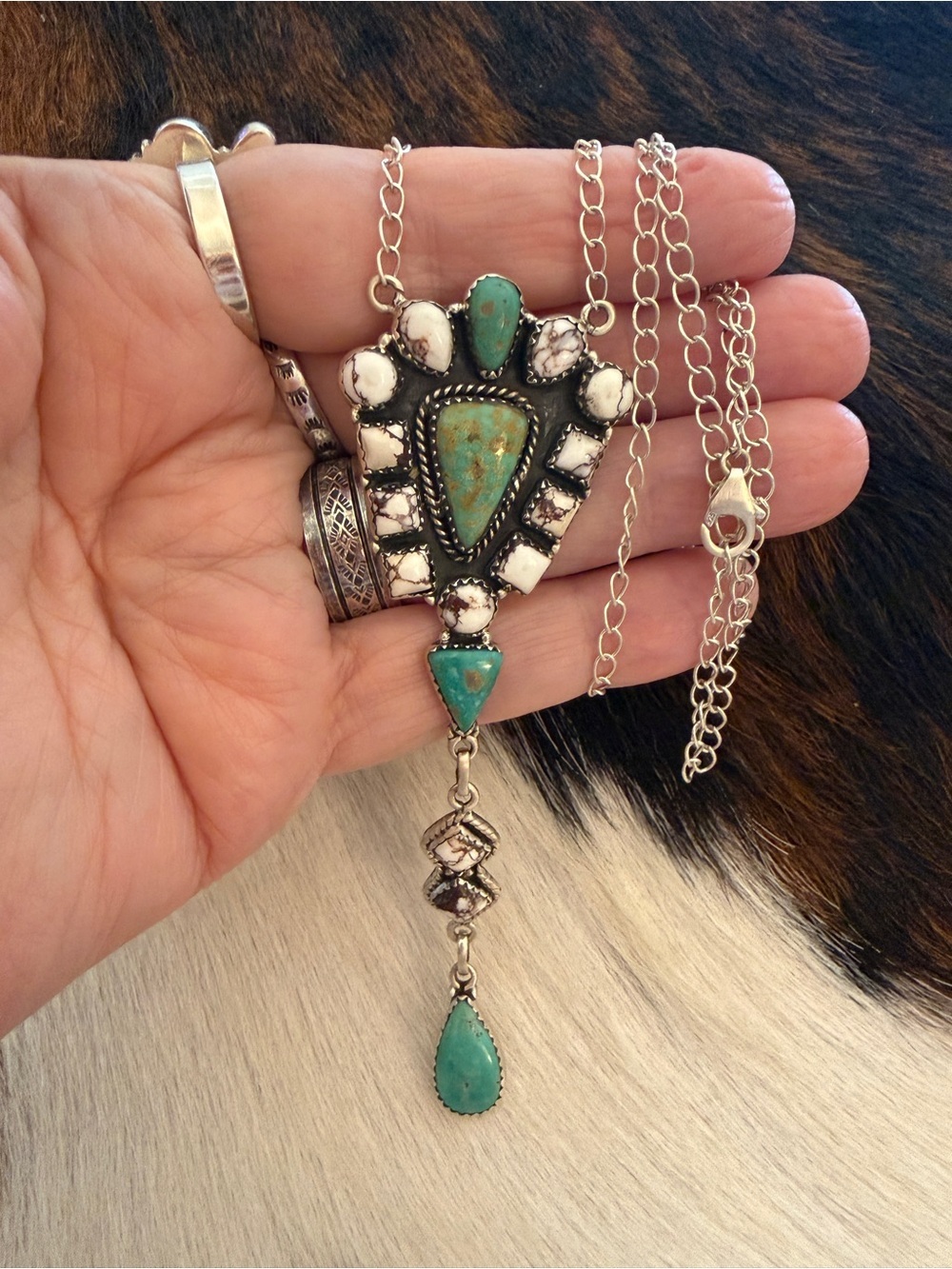 ❤️Lariat-style 24”L ADJ Wild Horse Jasper and Kingman Turquoise 925 Necklace 17G